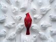 Solitary Red Cardinal Amidst Flock of White Birds on Snowy Background