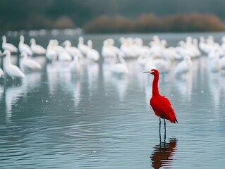 Canvas Print - Solitary Red Bird Amidst a Flock of White Birds on a Serene Lake