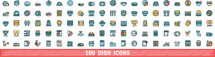 Poster - 100 dish icons set. color line set of dish vector icons thin line color flat on white