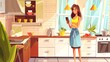© Mark - The girl with the smartphone is sitting at a table with cooking equipment at the contemporary home. Young girl with apron and smartphone indoor cartoon illustration. Young girl with phone in apron at
