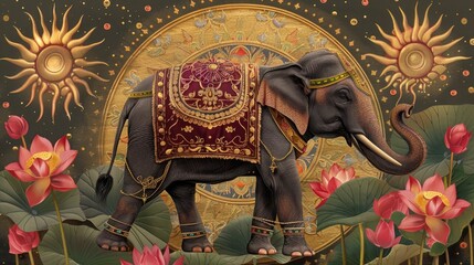 Decorated elephant in a mystical night setting with golden moon and lotus flowers.