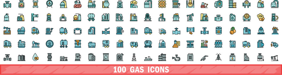 Poster - 100 gas icons set. Color line set of gas vector icons thin line color flat on white
