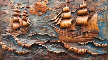 Detailed wooden carving of a sailing ship on ocean waves, with ornate sea creatures and clouds.