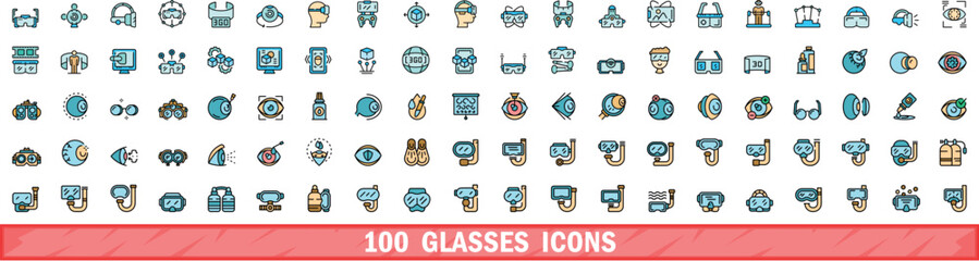 Poster - 100 glasses icons set. Color line set of glasses vector icons thin line color flat on white