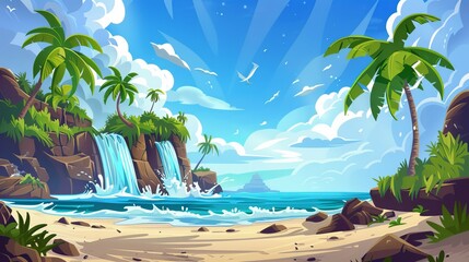 Wall Mural - Seascape with palm trees and sandy beach. Modern cartoon illustration of beautiful sea view, waterfall on rocky stone island, exotic plants, waves washing sunny coastline, summer resort.