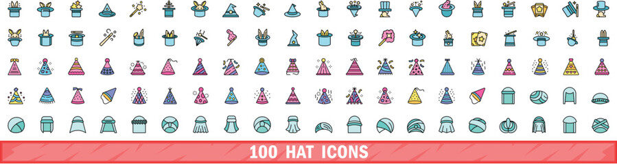 Wall Mural - 100 hat icons set. Color line set of hat vector icons thin line color flat on white