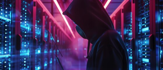 Poster - The image shows a hacker in a hoodie standing in the middle of a data center full of rack servers using his laptop to hack into it.