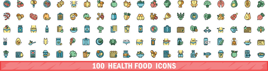 Canvas Print - 100 health food icons set. Color line set of health food vector icons thin line color flat on white