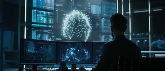 Wall Mural - During a briefing, the Chief Project Engineer addresses a team of scientists who are building a machine learning system. The working model of the neural network on the display can be seen.