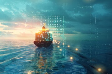 Wall Mural - Virtual Vessels: Cargo Ship, Digital Transformation, Maritime, Global Trade, Futuristic