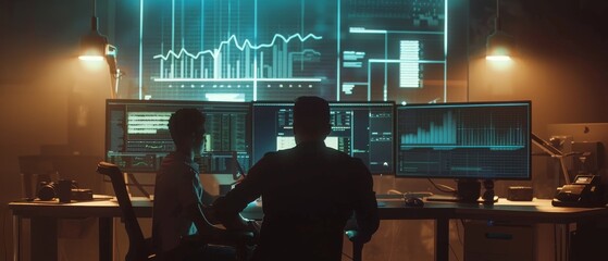 Poster - Chief Statistician consults with his young assistant in the Data Mining Center surrounded by monitors displaying graphs and data.