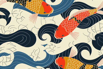 Canvas Print - AI generated illustration of Koi fish in orange, gold, and red in a pond, abstract pattern design