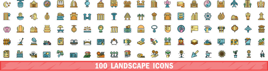 Wall Mural - 100 landscape icons set. Color line set of landscape vector icons thin line color flat on white