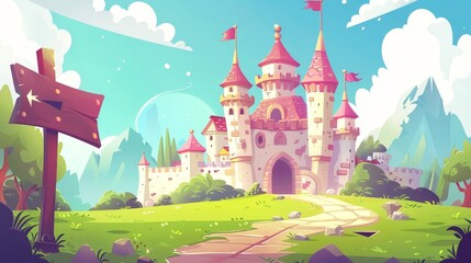 Canvas Print - Fairytale princess castle background with signboard arrow. Fantasy king palace background with tower scene. Fantastic game nature environment.