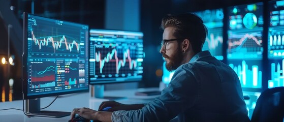 Poster - In the near future, a successful trader will use a computer with a transparent display that displays interactive line charts as well as other useful information. His office will be bright and modern.