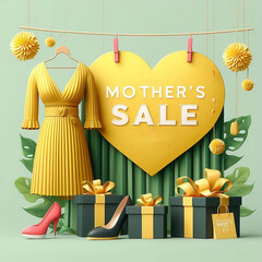 Fototapete - Mother's Day card Sale baner, poster with gift box design green decoration with space for copy Mother's Day Sale card vector illustration for advertisement, created with generative ai	