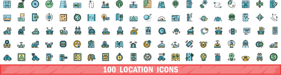Poster - 100 location icons set. Color line set of location vector icons thin line color flat on white