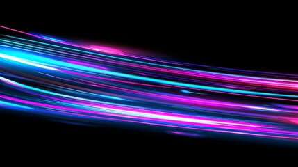Poster - Fast flare motion in pink and blue luminous trail with blurry lights. Realistic modern illustration of energy flash driving on black background.
