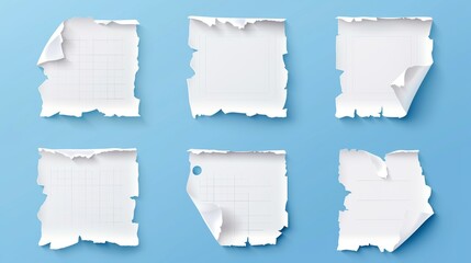 Poster - The set is depicted with ripped pieces of paper attached with sticky tape on blue background. Modern realistic illustration of ripped sheets with uneven edges, memo strips with grid, strips, dots,