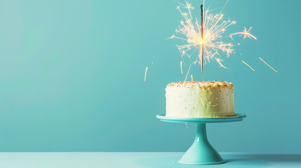 Wall Mural - Aesthetic birthday cake with sparklers on pastel blue background. Copy space. Party invitation template. Generative AI