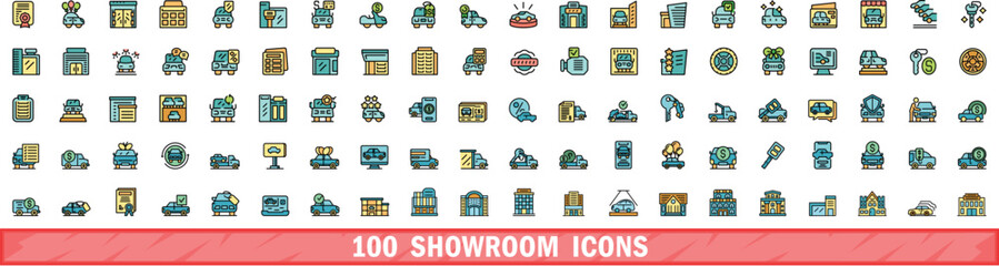 Poster - 100 showroom icons set. Color line set of showroom vector icons thin line color flat on white