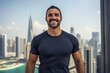 © CogniLens - Portrait of a joyful man in his 30s sporting a technical climbing shirt isolated on stunning skyscraper skyline