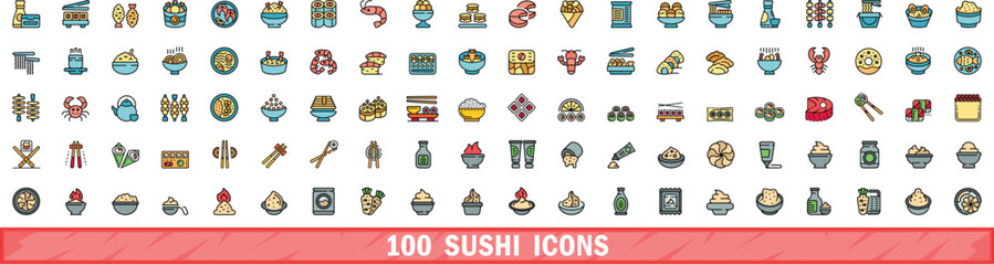 Sticker - 100 sushi icons set. Color line set of sushi vector icons thin line color flat on white