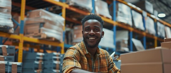 Poster - Working at his desk in the warehouse with a smile.