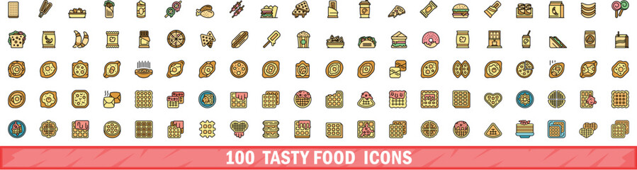 Wall Mural - 100 tasty food icons set. Color line set of tasty food vector icons thin line color flat on white