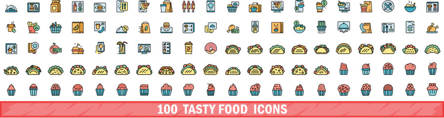 Poster - 100 tasty food icons set. Color line set of tasty food vector icons thin line color flat on white