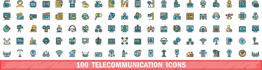 Poster - 100 telecommunication icons set. color line set of telecommunication vector icons thin line color fl