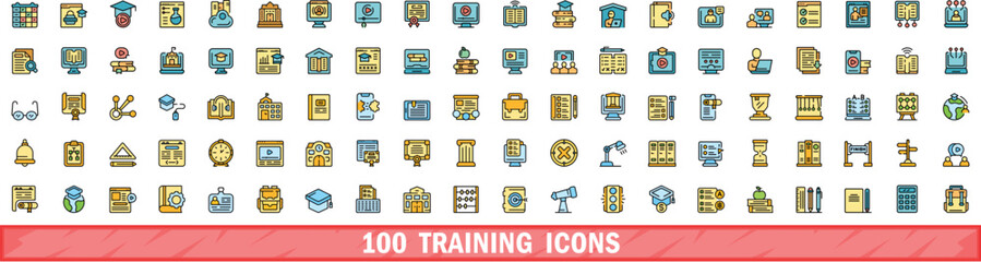 100 training icons set. Color line set of training vector icons thin line color flat on white