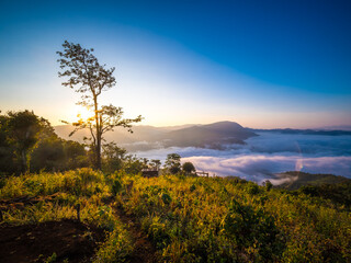 Wall Mural - Morning light with the sun rising on the horizon at Baan Thiyaphe, Sop Moei District, Mae Hong Son Province, Thailand