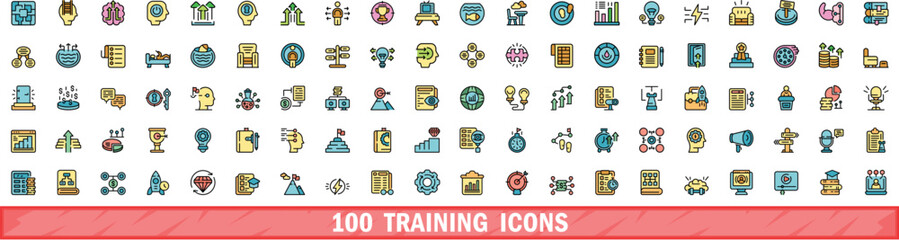 Wall Mural - 100 training icons set. Color line set of training vector icons thin line color flat on white