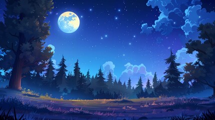 Wall Mural - This is a cartoon night landscape with a meadow and forest under a fool moon light. A dark landscape with trees and pines, grass on a field, and a starry sky above.