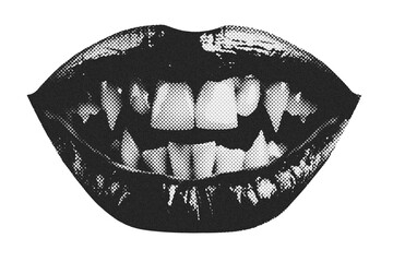 Halloween vampire dracula mouth with sharp teeth. Trendy grunge collage element