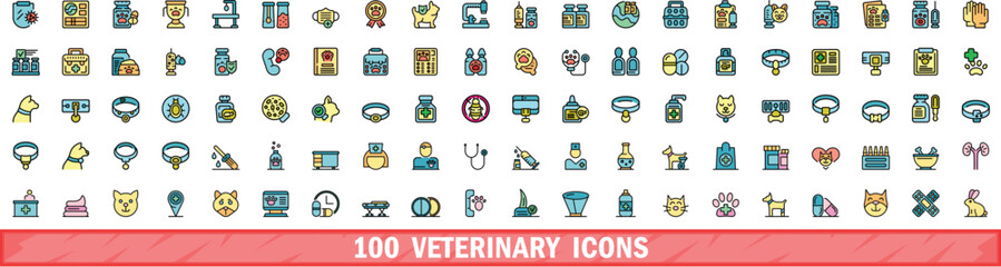 Poster - 100 veterinary icons set. Color line set of veterinary vector icons thin line color flat on white
