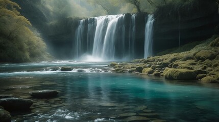 Poster - AI generated illustration of a waterfall cascading into a serene pool, surrounded by lush foliage