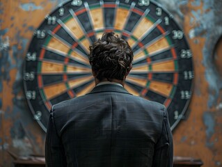 Poster - A businessman focuses on a virtual dartboard visualizing the importance of accuracy in strategic business investment decisions and planning for