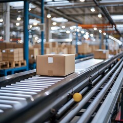 Poster - Conveyor Belt Transporting Cardboard Boxes in Modern Distribution Warehouse Reflecting E commerce Speed and Logistics