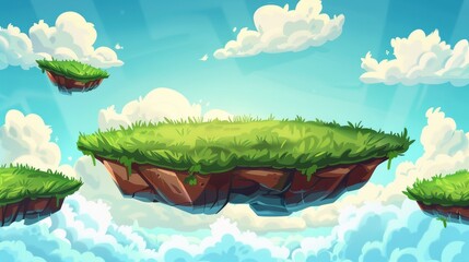 Sticker - Flying pieces of lend for game UI design. Cartoon modern illustration of an empty summer fantasy landscape with flowing magic.