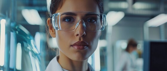 Poster - This is a portrait of a smart, beautiful female engineer working at her computer. A team of technicians and specialists holding drafts and drawings is visible in the background.
