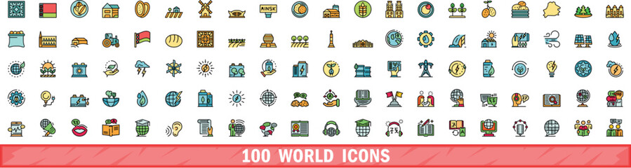 Poster - 100 world icons set. Color line set of world vector icons thin line color flat on white