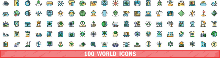 Poster - 100 world icons set. Color line set of world vector icons thin line color flat on white