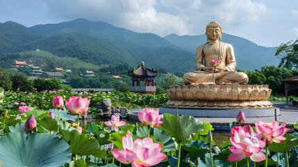 
golden buddha and lots of pink lotus and other green flowers