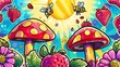 Retro groovy poster featuring cartoon-cute psychedelic stickers and a sunburst background. Vintage funky banner design boasting flower and mushrooms, strawberry rain from clods, and bees flying near
