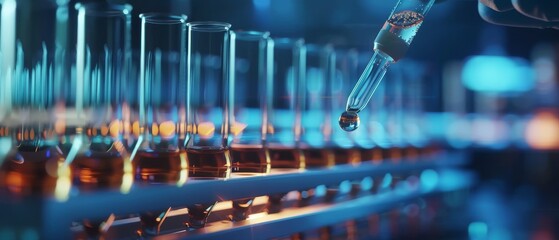 Sticker - Medical Research and Analysis: Droppers fill sample tubes for DNA testing, moving pharmaceutical production line. Close-up Macro.