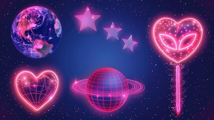 Poster - The set of Y2k vibe space banners is a modern illustration of retrowave posters with wireframe globes, torus, alien faces, lollipop icons, heart icons, and star icons on a blue gradient background.