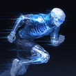 An artistic depiction of a human skeleton in blue with white highlights, energetically cycling through an abstract environment, showcasing the concept of advanced orthopedic technology.