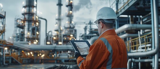 Poster - Industrial Engineer Uses Augmented Reality Digital Tablet to Scan Large Metal Construction, Special Effects Show Visualization / Digitalization of Oil, Gas, and Fuel Transport Pipelines.